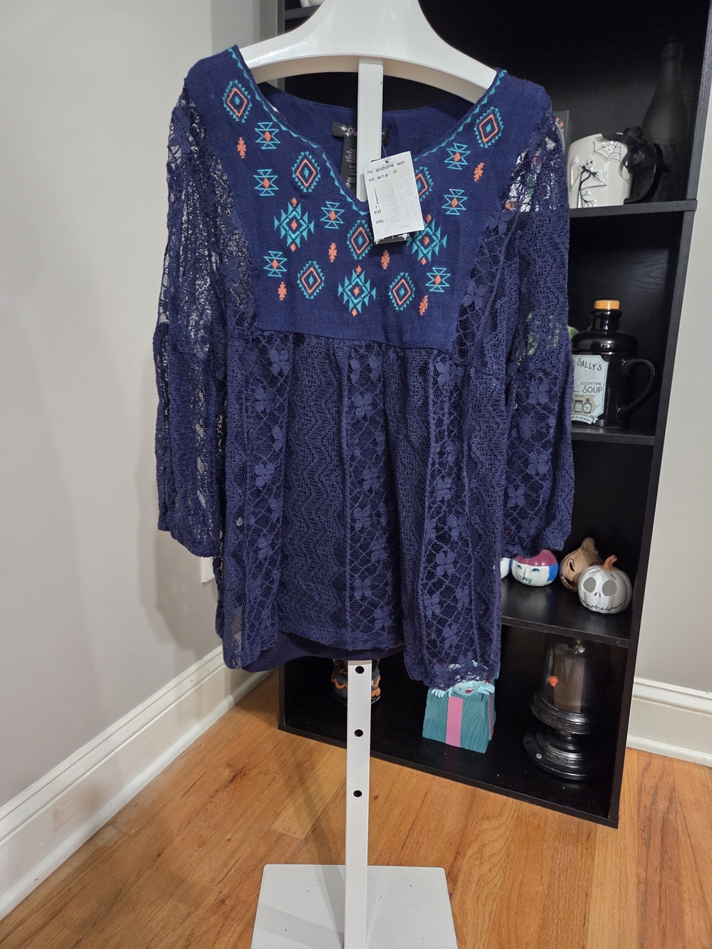 Xtraordinary Navy Lace Tunic with Teal & Coral Embroidery